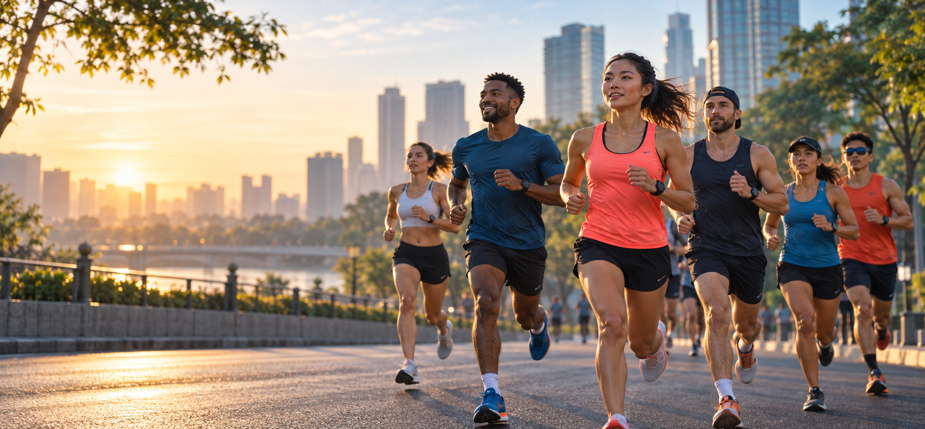 A community of runners training together at sunrise beside a city waterfront